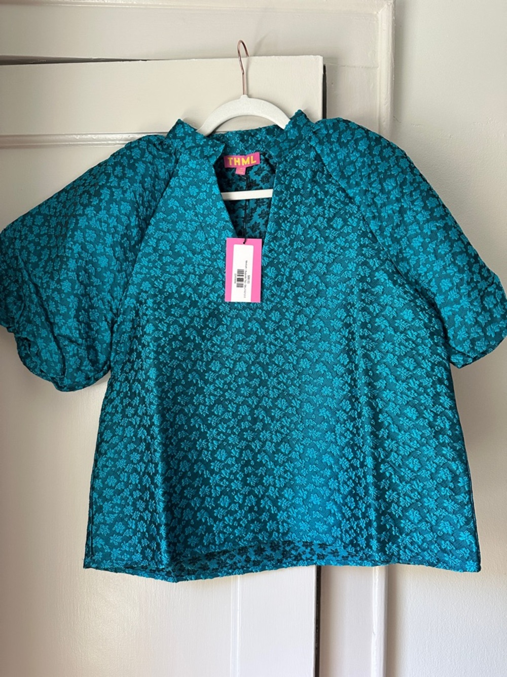THML • Teal Jacquard V-Neck Puff Sleeve Top
